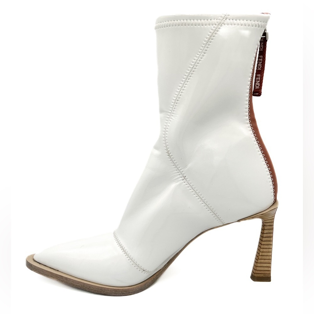 Fendi FFrame Glossy Neoprene Pointed Toe White Stiletto Heel Ankle Boots
